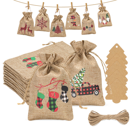 G2PLUS 24 PCS Advent Calandar Bags, 13x18cm Large Christmas Burlap Bags, Hessian Christmas Sacks, Christmas Burlap Drawstring Bags for Advent Calandar, Christmas Party Decoration