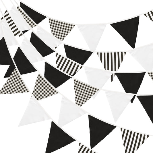 G2PLUS 12M Black and White Fabric Bunting Banner, 19x21CM Reusable Cotton Triangle Flag Garland with 42PCS Strips Checkered Pennants for Garden Tea Parties