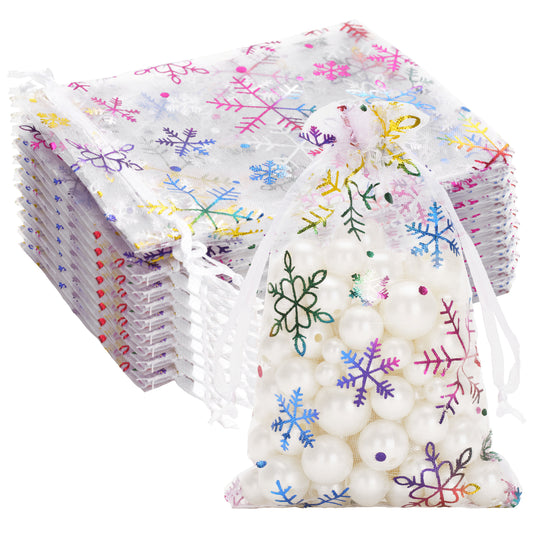 G2PLUS 50Pcs Christmas Drawstring Organza Bags 4x6 - Christmas Snowflake Organza Gift Bags, Colored Sheer Mesh Pouches, Xmas Winter Holiday Gift Wrap Pouches for Jewelry, Candy, Goodies