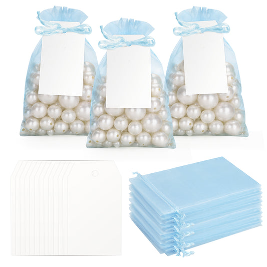 G2PLUS 50 Pack Organza Gift Bags with Tags: 10 x 15 cm Baby Blue Drawstring Favour Pouches with 4 x 7 cm White Tags for Wedding Party Favours Jewellery Candy