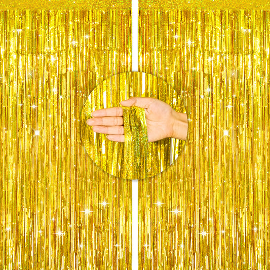 G2PLUS Gold Glitter Foil Curtains, 2PCS Metallic Tinsel Foil Fringe Curtains, 1m×2.5m Party Backdrop Streamers, Tinsel Curtain for Birthday Wedding Graduation Prom Decoration