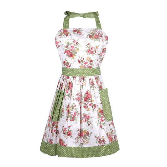 G2PLUS Lovely Women's Cooking Apron, Pink Cooking Aprons for Women, Flower Kitchen Aprons with Pocket, Large Cotton Baking Aprons for Mom Wife Girls