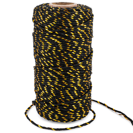 G2PLUS Black Gold String - 2MM 328ft Bakers Twine for Gift Wrapping, Black Cotton and Gold String DIY Crafts, Wedding, Christmas Party Decor