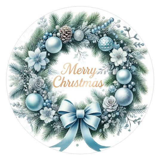G2PLUS Merry Christmas Stickers - 120Pcs Blue Christmas Wreath Stickers, 2'' Round Self-Adhesive Xmas Labels for Envelope Seals, Holiday Wrapping, Party Favors, DIY Crafts, Small Business Packaging