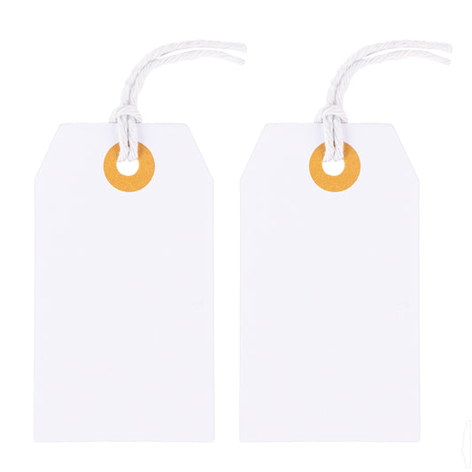 G2PLUS 100PCS Price Tags, Blank Shipping Tags, 1.6 x 2.8 inches Marking Label Tags, White Tags with String Attached, Clothing Label Hang Tags, Blank Tags with Reinforced Hole for Inventory Sales