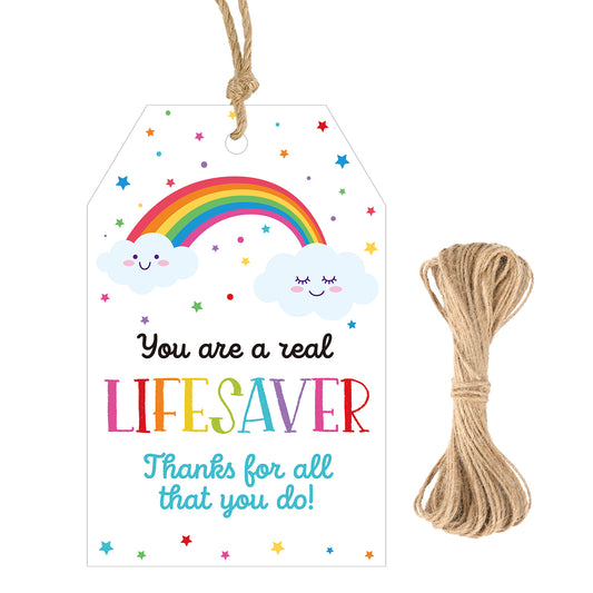 G2PLUS Thank You Tags - 50Pcs Thanks for All You Do Tags, Real Lifesaver Paper Gift Tag with String for Teacher, Volunteer, Nurse and Employee Appreciation, Thanksgiving Day Party Favors