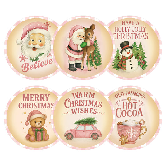 G2PLUS 120Pcs Merry Christmas Stickers - 2'' Round Self-Adhesive Waterproof Holiday Stickers, 6 Designs Pink Buffalo Plaid Xmas Labels for Envelope Seals, Gift Wrapping, Candy Bags, Cards