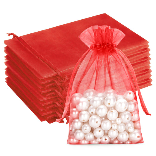 G2PLUS 25PCS Red Drawstring Organza Bags 5x7 inches - Christmas Organza Bags, Candy Gift Wrap Pouches for Christmas, Baby Shower, Wedding Party Favors