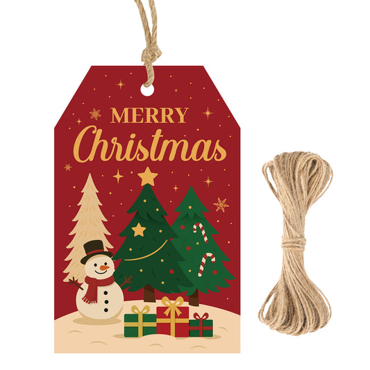 G2PLUS Merry Christmas Tags - 50Pcs Red Christmas Paper Gift Tags with String, Xmas Tree Tag for Gift Wrapping, Candy Bags, DIY Crafts, Holiday Party Favors (3.3x2.2 in)