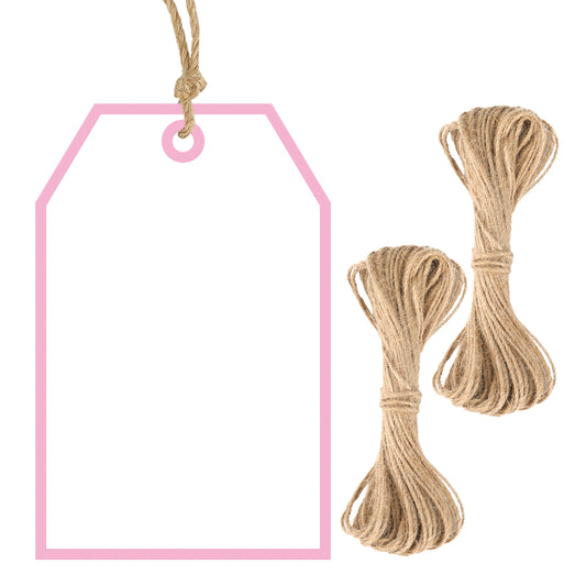 G2PLUS Gift Tags with String - 100Pcs White Blank Gift Wrapping Tags, 3.3x2.2 in Pink Paper Tag for Wedding, Baby Shower, Bridal Shower, Birthday Party Favors