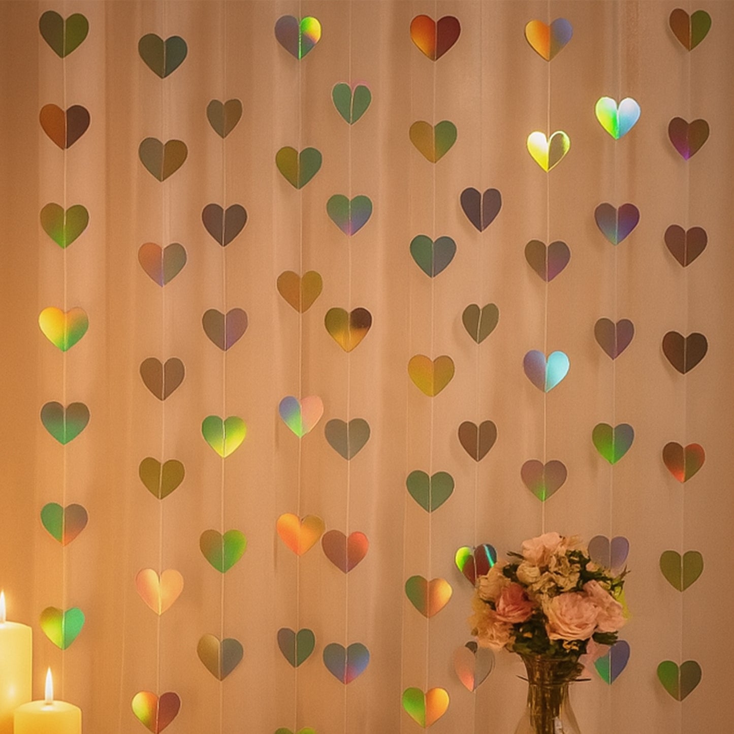 G2PLUS Iridescent Silver Heart Garlands: 12m Holographic Hanging Paper Streamers, Iridescent Party Decorations for Engagement, Wedding, Anniversary, Valentine's Day