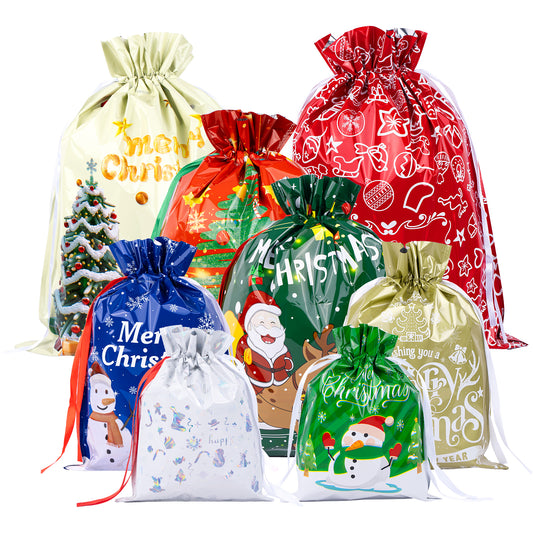 G2PLUS 20PCS Christmas Drawstring Gift Bags Assorted Sizes - 8 Designs Christmas Aluminum Foil Bags with Ribbon, Present Wrapping Pouches for Packages, Holidays, Birthday, Xmas Party Favors