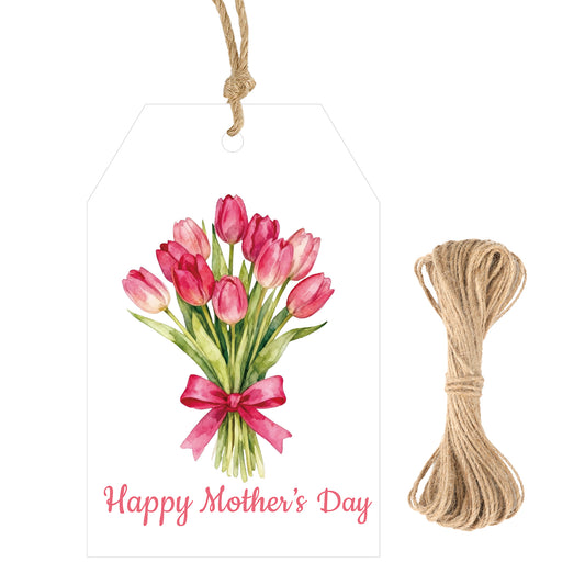 G2PLUS Mother's Day Gift Tags - 50Pcs Happy Mother's Day Tags with String Pink Tuilp Bouquet Gift Tags Hanging Labels for Gift Wrapping, Mom's Birthday Party Favors