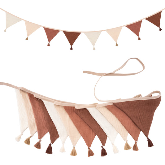 G2PLUS Cotton Fabric Bunting Banner, 9Ft Khaki Triangle Pennant Banner Flag, 12pcs Double-Sided Bunting Garland with Tassels for Birthday Party, Wedding, Holiday, Classroom Hanging Decor