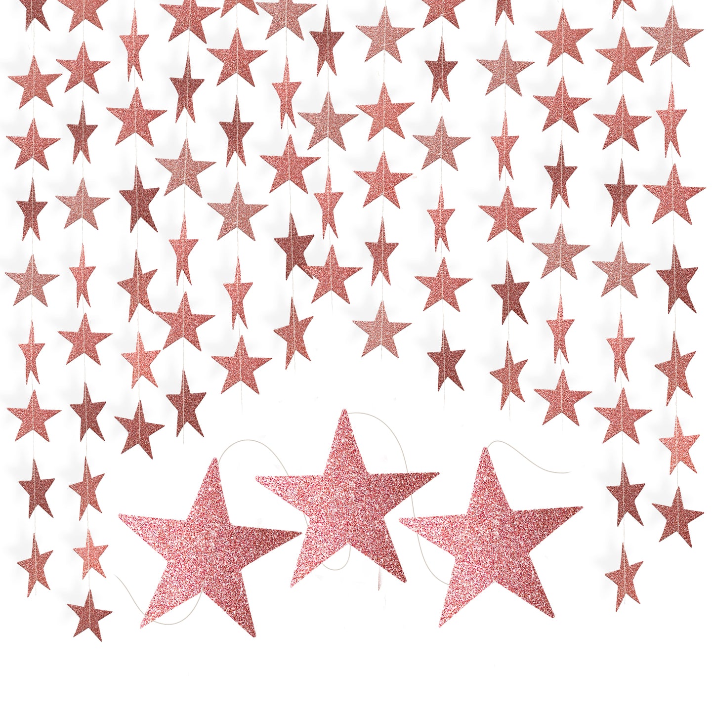 G2PLUS Rose Gold Glitter Star Garland, 16m Sparkling Star Paper Garland, Star Bunting Hanging Decoration,Twinkle Little Star Party Garlands for Girl's Birthday Wedding Theme Party Kids Room Decor