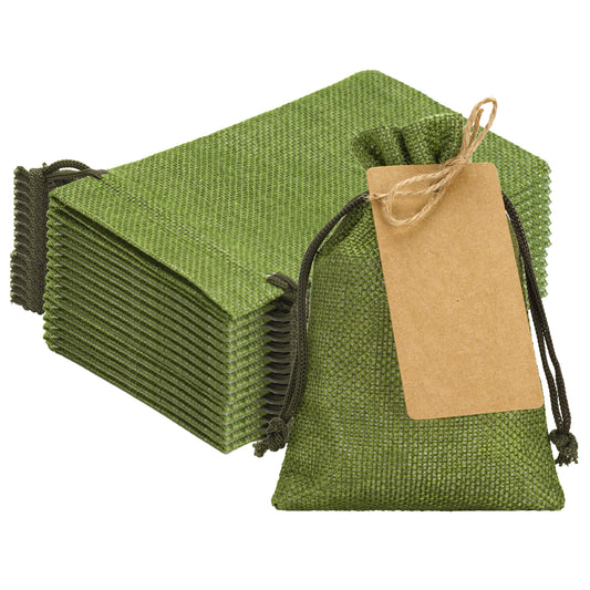 G2PLUS 24 Pcs Green Burlap Gift Bags with Drawstring 4x6 Inch, Rustic Gift Favor Bags with Kraft Tags & Jute String for St Patrick’s Day, Christmas, Wedding & DIY Crafts