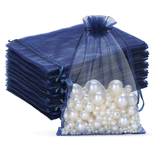 G2PLUS 25PCS Navy Blue Organza Bags 5x7 inches - Sheer Mesh Jewelry Pouches, Organza Gift Bags with Drawstring for Candy, Jewelry, Wedding Party Favors