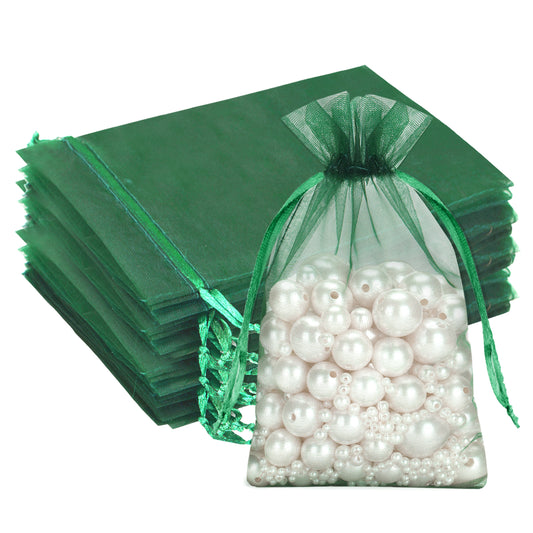 G2PLUS 100PCS Drawstring Organza Bags 4x6 in - Christmas Dark Green Organza Bags, Sheer Mesh Pouches for Candy, Fruits, Baby Shower, Wedding Party Favors