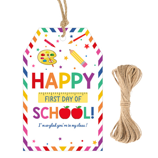 G2PLUS Back to School Gift Tags, 50PCS Happy First Day of Schools Tags, Colors Star Apple First Day of School Paper Gift Tag with String for Schools Classroom Party Favors