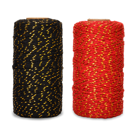 G2PLUS Christmas Coloured String Twine, 200M Red and Black Cotton Twine with Gold String, 2MM Gift Wrapping String, Handicraft Decorative Bakers Twine for DIY Gift Decorations