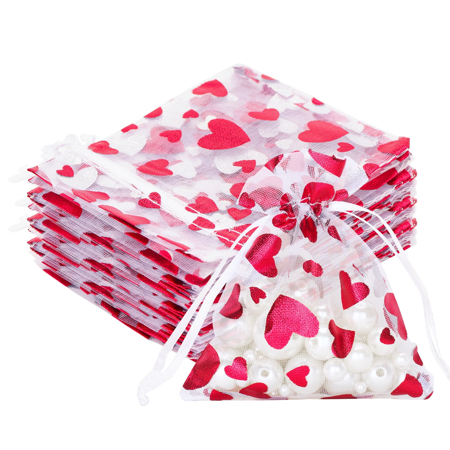 G2PLUS Heart Organza Bags, 3''x4'' Organza Gift Bags, 50PCS Drawstring Sheer Organza Gift Bags, Organza Mesh Jewelry Pouches, Candy Bags for Easter, Mother's Day, Wedding Party Favors (White Red)