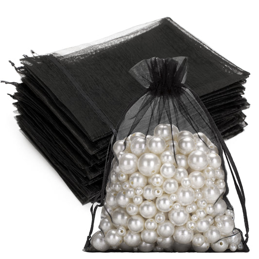 G2PLUS 25PCS Black Organza Bags 5x7 inches - Sheer Mesh Jewelry Pouches, Organza Gift Bags with Drawstring for Candy, Jewelry, Wedding Party Favors