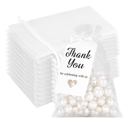 G2PLUS 50 Pcs White Organza Bags 4x6 with Thank You Tags, Drawstring Sheer Mesh Gift Bags for Wedding Favors, Bridal & Baby Shower Party Favors