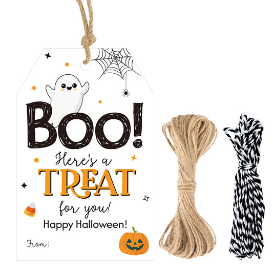 G2PLUS Happy Halloween Tags, 50PCS Boo Gift Tags with String, Ghost Pumpkin Trick or Treat Paper Hang Tags for DIY Crafts, Candy Treat Bags, Halloween Party Favors