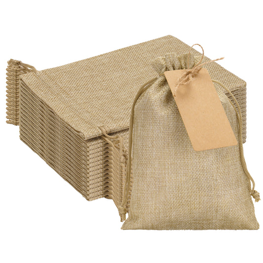 G2PLUS 24 Pcs Burlap Gift Bags with Drawstring 5x7 Inch, Rustic Gift Favor Bags with Kraft Tags & Jute String for Wedding Favors, DIY Crafts, Birthday & Coffee Packaging