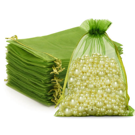 G2PLUS 25PCS Green Organza Bags 5x7 inches - Sheer Mesh Jewelry Pouches, Sage Green Organza Gift Bags with Drawstring for Candy, Jewelry, Wedding Party Favors