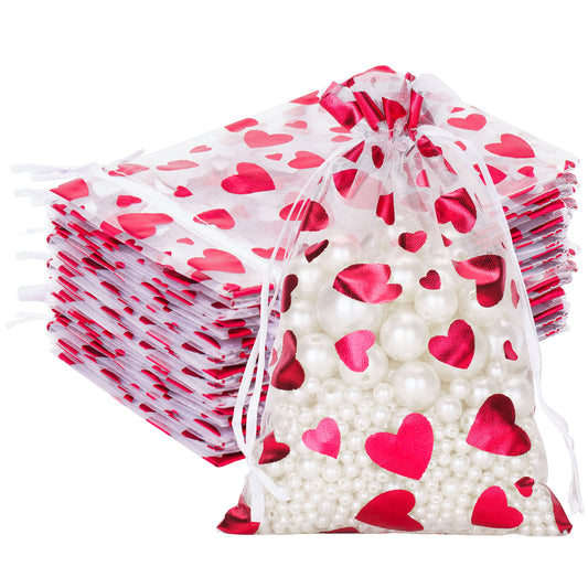 G2PLUS Heart Organza Bags, 4''x6'' Organza Gift Bags, 50PCS Drawstring Sheer Organza Gift Bags, Organza Mesh Jewelry Pouches, Candy Bags for Easter, Mother's Day, Wedding Party Favors (White Red)