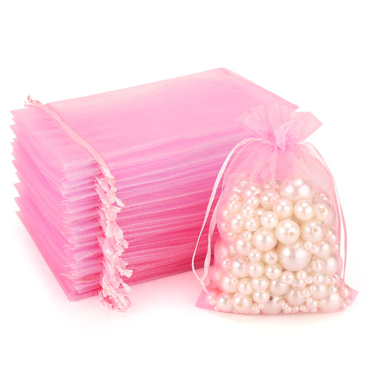G2PLUS Pink Organza Gift Pouches - 10x15 CM Medium Organza Favor Bags, 50 PCS Wedding Jewelry Bags - Clear Mesh Pouches for Wedding, Christmas, Birthday, Anniversary