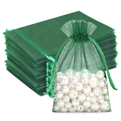 G2PLUS 25PCS Dark Green Organza Bags 5x7 inches - Sheer Mesh Jewelry Pouches, Organza Gift Bags with Drawstring for Candy, Christmas, Wedding Party Favors