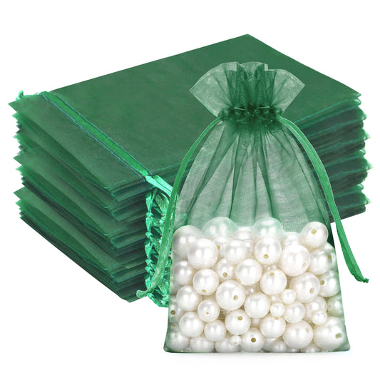 G2PLUS 25PCS Dark Green Organza Bags 5x7 inches - Sheer Mesh Jewelry Pouches, Organza Gift Bags with Drawstring for Candy, Christmas, Wedding Party Favors