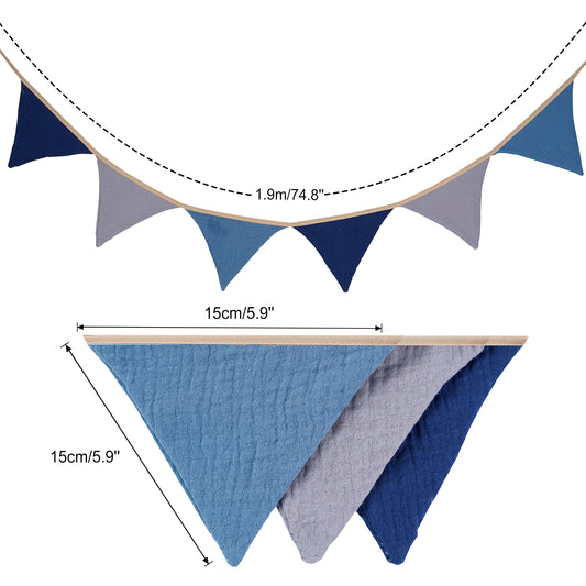 G2PLUS Nursery Fabric Bunting, Baby Bunting for Nursery, 6PCS Double Side Cloth Triangle Banner, Blue and Grey Cotton Bunting Banner for Nursery/Bedroom/Baby Shower Decor, 1.9m