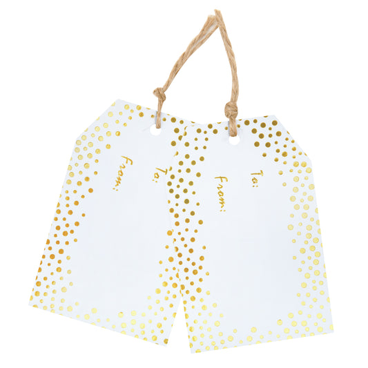 G2PLUS Gold Dots Gift Tags - 50PCS White Gold Paper Tags with String - 8.5x5.5CM Personliazed Blank Labels for Wedding,Party,Gift Wrapping,Birthday,Baby Shower