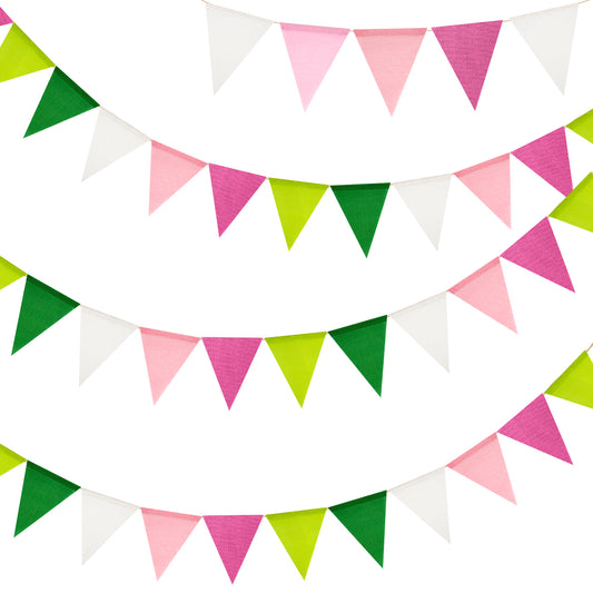 G2PLUS Pre-Strung Burlap Pennant Banners, 39Ft Pink and Green Fabric Triangle Flag Bunting, 36Pcs Pennant Banner Flags Garland for Birthday, Holidays and Theme Party Decorations