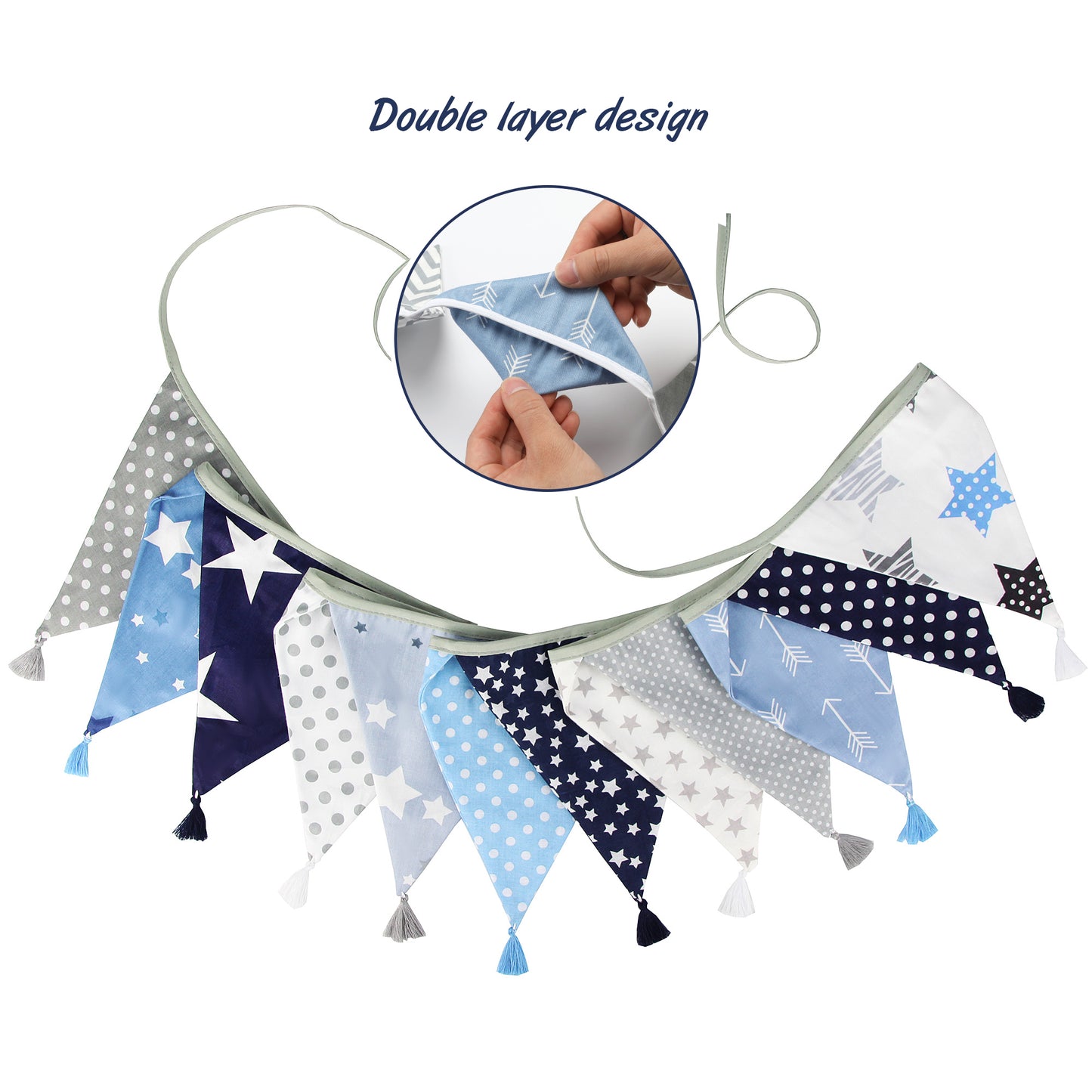 G2PLUS 10.8Ft Cotton Triangle Bunting Banner – 12pcs Blue and Gray Fabric Pennant Flag with Tassels, Double Side Triangle Banner Garland for Weddings, Birthdays, Garden & Baby Showers