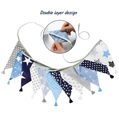 G2PLUS 10.8Ft Cotton Triangle Bunting Banner – 12pcs Blue and Gray Fabric Pennant Flag with Tassels, Double Side Triangle Banner Garland for Weddings, Birthdays, Garden & Baby Showers