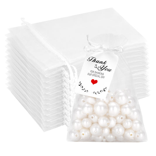 G2PLUS 50 Pcs White Organza Gift Bags 4x6 with Thank You Tags, Drawstring Sheer Mesh Wedding Favors Bags for Bridal Shower, Anniversary Party Favors