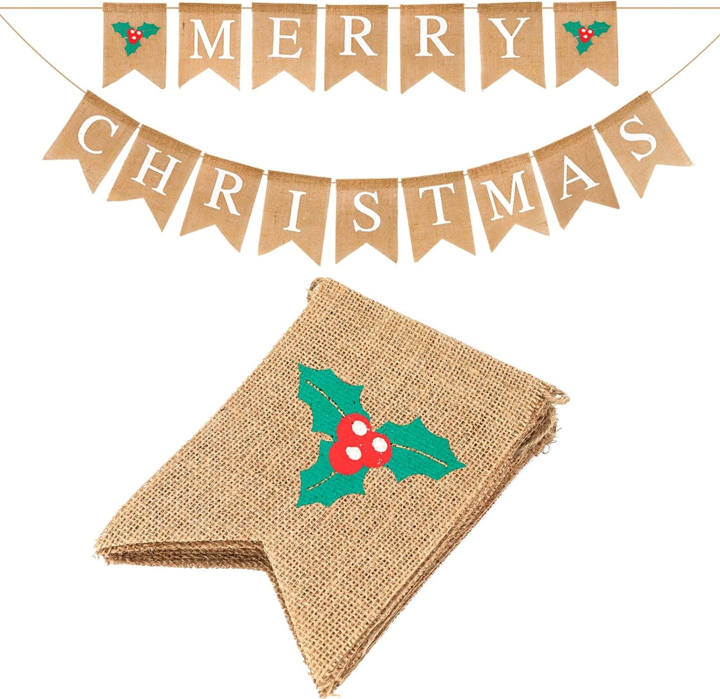 G2PLUS Merry Christmas Burlap Bunting Banner, 4.8M Burlap Christmas Banner with Holly Leaves, Vintage Merry Chirstmas Garland with 16 Flag Pennants, Rustic Hessian Bunting for Christmas Decoration