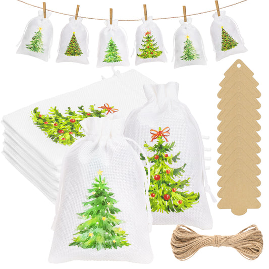 G2PLUS 24Pcs Christmas Drawstring Burlap Gift Bags - 4X6 In Christmas Advent Calendar Bags, 4 Design Xmas Tree Burlap Bag, White Treat Goody Bag for Xmas Holiday Party Favors