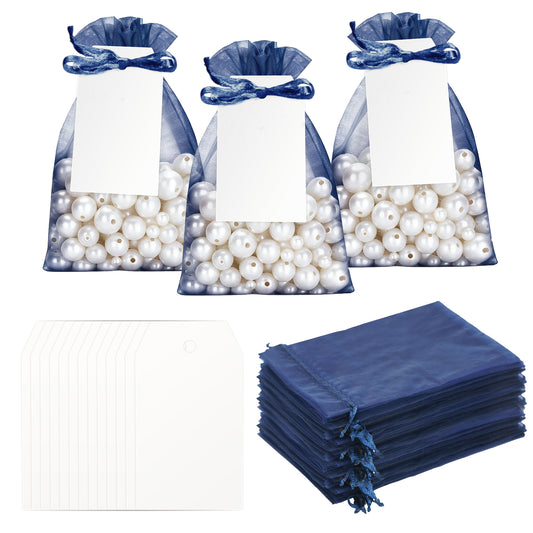 G2PLUS 50 Pack Organza Gift Bags with Tags: 10 x 15 cm Navy Blue Drawstring Favour Pouches with 4 x 7 cm White Tags for Wedding Party Favours Jewellery Candy