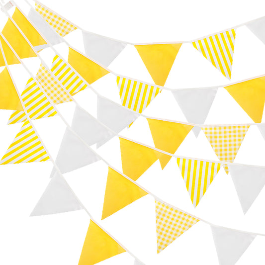 G2PLUS 12M Yellow and White Stripe Fabric Bunting - 42PCS Cloth Gingham Bunting - Cotton Stripe Banner Pennant - Large Triangle Garland Banner for Kid's Bedroom Playhouse, Easter Garden Party Decor