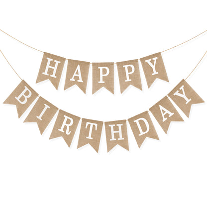 G2PLUS Happy Birthday Banners, Pre-Strung Burlap Happy Birthday Banner Sign, Rustic Happy Birthday Garland Bunting for Party Decorations, Reusable Hanging Backdrop for Cake Table