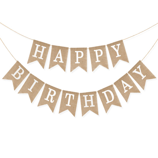 G2PLUS Happy Birthday Banners, Pre-Strung Burlap Happy Birthday Banner Sign, Rustic Happy Birthday Garland Bunting for Party Decorations, Reusable Hanging Backdrop for Cake Table