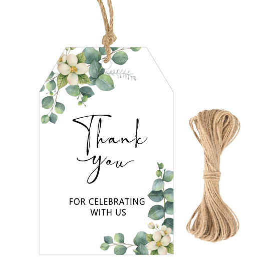 G2PLUS 50PCS Thank You Gift Tags with String, 3.3X2.2In Greenery Floral Leaves Paper Tags for Wedding Favors, Baby Shower, Bridal Shower, Party Decorations