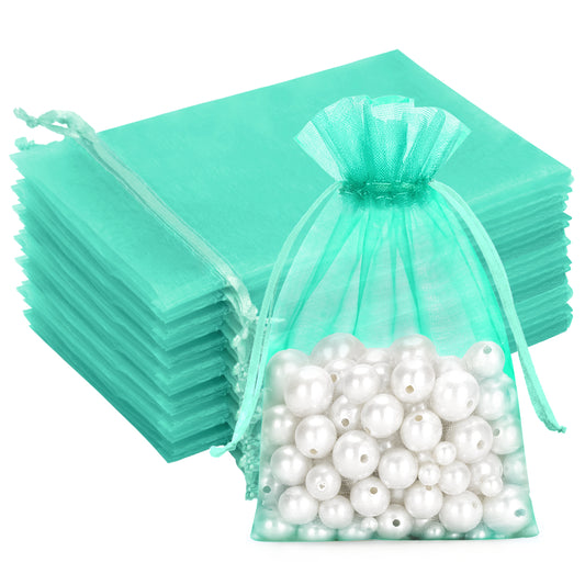 G2PLUS 25PCS Aqua Blue Organza Bags 5x7 inches - Sheer Mesh Jewelry Pouches, Organza Gift Bags with Drawstring for Candy, Jewelry, Wedding Party Favors