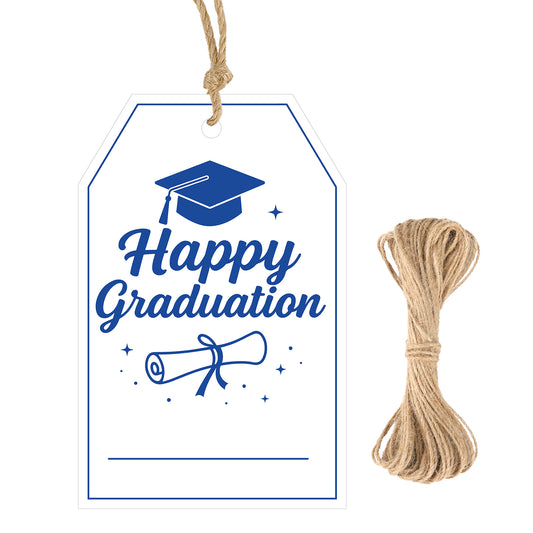 G2PLUS Happy Graduation Tags - Blue Graduation Gift Tags with String, Class of 2026 Paper Hang Labels for Congrats Grad Party Favors