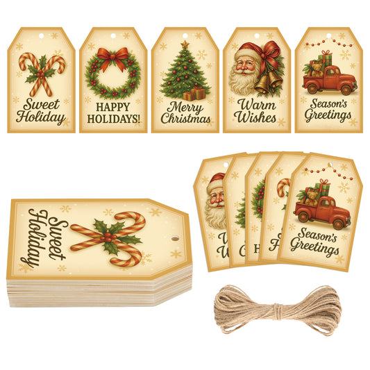 G2PLUS 50Pcs Christmas Tags for Gifts, 5 Designs Vintage Christmas Holiday Paper Gift Tags with String for Seasonal Wishes, DIY Crafts, Present Wrapping, Xmas Party Favors